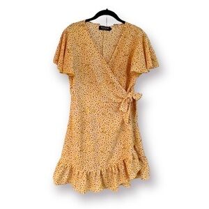 RELIPOP, WOMENS WRAP DRESS WITH RUFFLE SKIRT.  FULL, FLOUNCE SLEEVES. SIZE L.